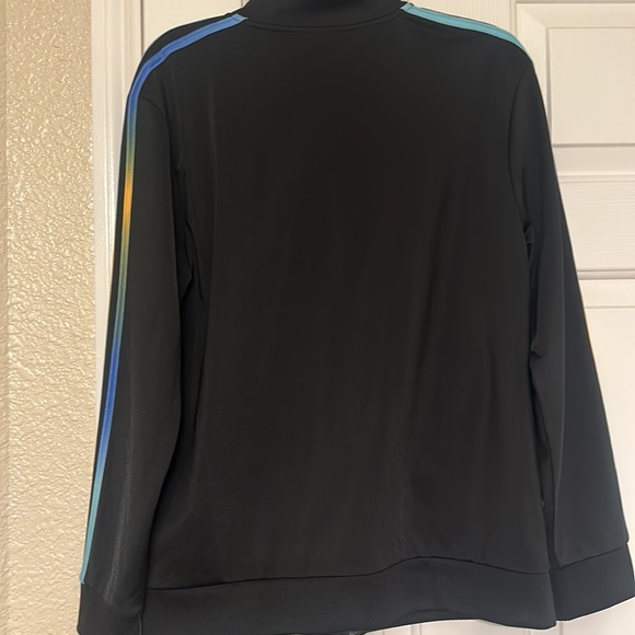 Black hoodie with gold,blue and green stripes on sleeve - Picture 2 of 7
